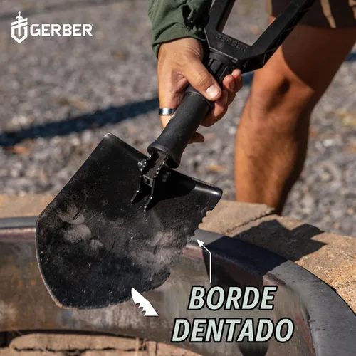 Vista 5 de Gerber E-Tool - Pala plegable táctica, pala de camping con borde dentado, color negro