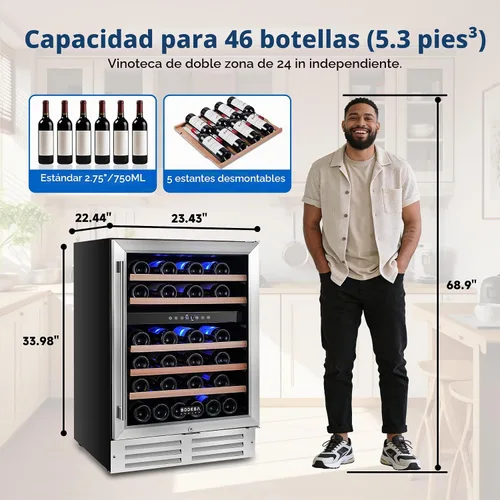Vista 2 de BODEGA 24 Inch Wine Fridge, 46 Bottle, 41–72°F, Dual-Zone Temp Control.