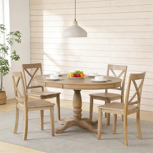 Vista 12 de JUSTONE Juego de mesa de comedor redonda de 5 piezas para 4, mesa redonda extensible con 4 sillas modernas con respaldo cruzado, juego de mesa