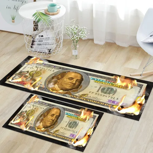 Vista 13 de GUBIYU Juego de 2 alfombras y tapetes de cocina color beige y dorado para billetes de 100 dólares, alfombra divertida y fresca para baño