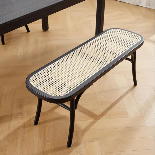 Vista 5 de Banco de comedor de madera negra con asiento de ratán, banco de acento bohemio para entrada, dormitorio, extremo de cama, ventana de cocina, espacio