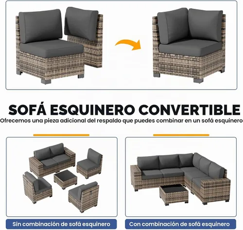 Vista 6 de Juego de muebles de patio, sofá modular de 6 piezas para exteriores con Amarillo-gris oscuro