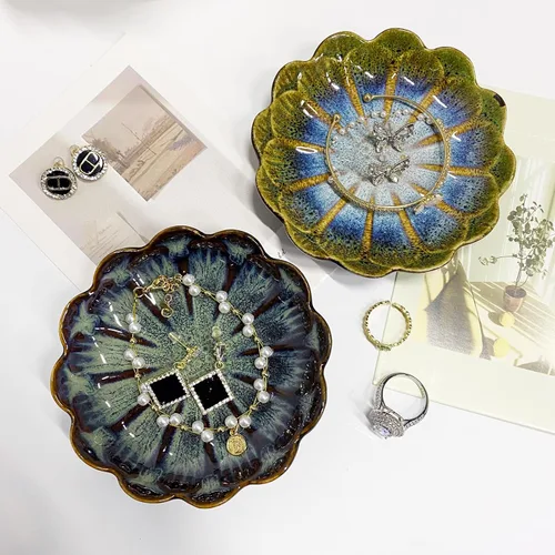 Vista 7 de Plato de cerámica para anillos de joyería, organizador de joyas, decoración del hogar, regalo de boda (verde brillante)