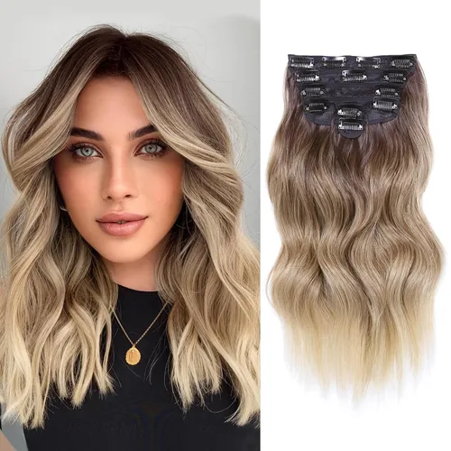 Vista 9 de NAYOO - Extensiones de cabello con clip, extensiones sintéticas onduladas de 20 pulgadas, 6 unidades Wavy Curly Hair, Full Head Coverage, Heat