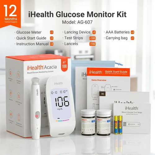 Vista 9 de Kit de monitor de glucosa en sangre iHealth Acacia, 100 tiras de glucómetro, 100 lancetas, 1 monitor de azúcar en sangre, 1 dispositivo de punción