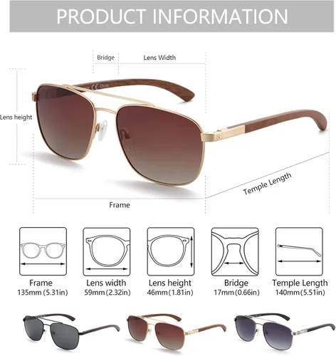 Vista 3 de ZENOTTIC Gafas de sol polarizadas de madera aviadora para hombre 100 protección UV pesca conducción de golf