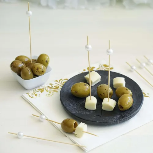 Vista 8 de Efavormart - Paquete de 100 brochetas de bambú natural de 4.75 pulgadas con palillos de cóctel de perlas blancas