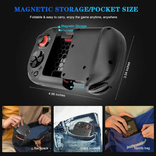 Vista 4 de Joso Mobile Gaming Controller for iPhone, Android, Direct Play, Portable Bluetooth Mini Controller Gamepad Joystick with Magnetic Storage for iPhone