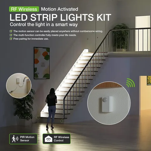 Vista 6 de RAYZEEK Kit de tiras de luces LED inalámbricas activadas por movimiento, regulables de 19.7 pies y adaptador con certificación UL, interruptor