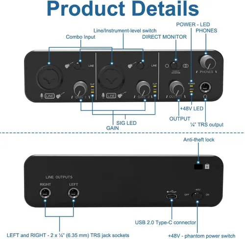 Vista 8 de ZUZONG Interfaz de audio interfaz de audio preamplificadores de micrófono con alimentación fantasma de 48 V 24 bits compatible con grabación