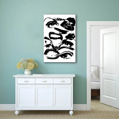 Vista 6 de Arte de pared retro hipster – Arte extraño en blanco y negro de los años 70 con ojos femeninos y labios – Impresión abstracta preppy – Decoración