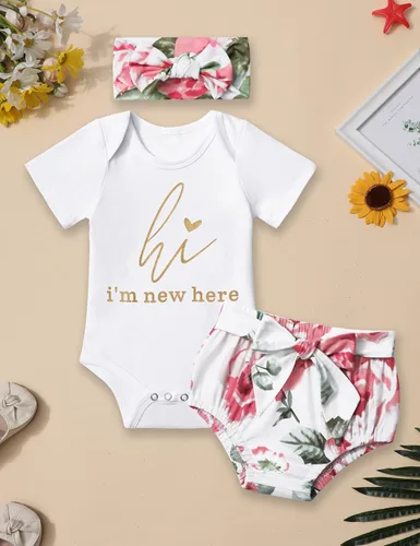 Vista 5 de Ropa para bebé recién nacida, conjunto de mameluco de arcoíris, conjunto corto de verano para hermana pequeña, 3 piezas