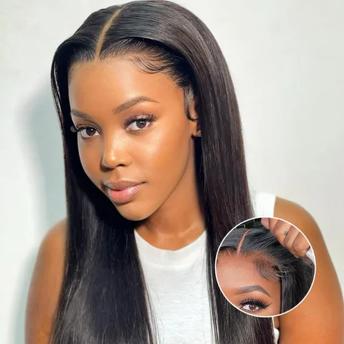 Vista 23 de Peluca Bob sin pegamento de llevar y usar cabello humano liso, 6x4 precortada con encaje HD sin pegamento, prearrancada, pelucas con cierre frontal
