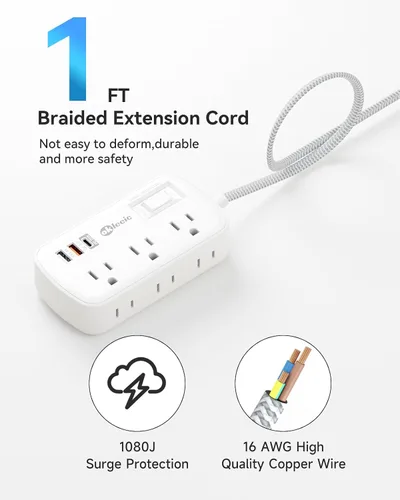 Vista 2 de Regleta de alimentación con protección contra sobretensiones PD de 20 W USB C, regleta de alimentación para viajes con 3 puertos USB (1 USB C) y 6