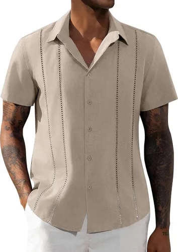 Vista 16 de Camisa de manga corta de lino para hombre de DEMEANOR, camisa guayabera cubana con botones, camisa casual de verano para la playa, la vacación
