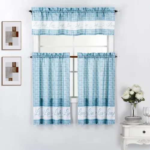 Vista 11 de Interior Trends Live Love Laugh - Juego de 3 cortinas estampadas para ventana de cocina con cenefa y paneles en niveles