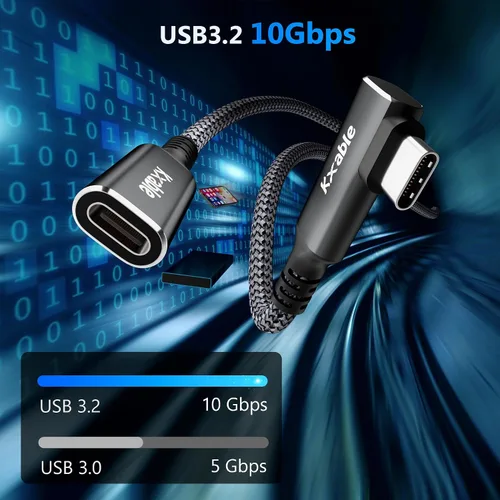Vista 2 de Cable de extensión USB C de 2 pies, ángulo recto tipo C 3.2 Gen 2 macho a hembra, carga de 100 W, transferencia de 10 Gbps, video 4K, alta velocidad