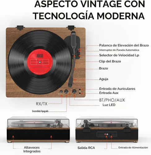 Vista 7 de Tocadiscos de vinilo de 3 velocidades, elegante plato giratorio Bluetooth de tamaño completo con entrada/salida Bluetooth, altavoces integrados