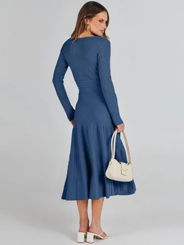Vista 6 de ANRABESS Vestido midi cruzado tipo suéter para mujer, manga larga, cuello en V, cintura alta, acanalado, plisado, vestido acampanado