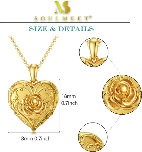 Vista 5 de SOULMEET Collar con medallón de girasol, rosa y margarita, con forma de corazón que sostiene fotos y mantiene a alguien cerca de ti, plata