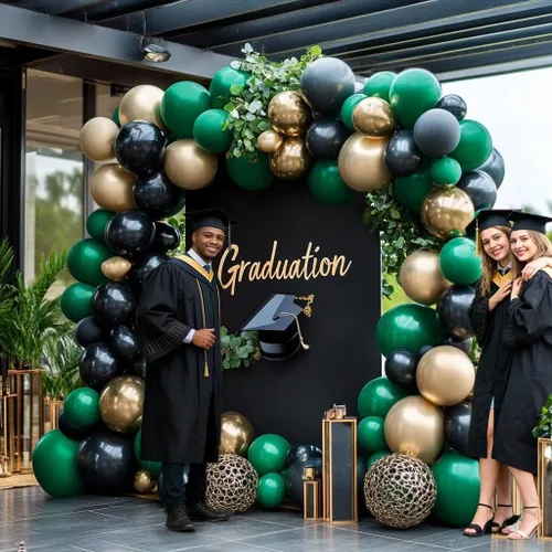 Vista 6 de Guirnalda de globos de color negro, verde y dorado, doble relleno, globos verde oscuro, kit de arco de globos negros y dorados para graduación