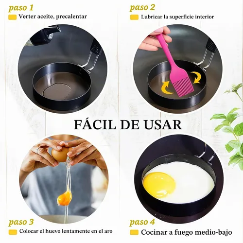 Vista 4 de Anillos de huevo para freír huevos, 3.5 pulgadas de acero inoxidable, para panqueques ingleses, magdalenas, con mango de silicona