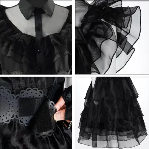 Vista 3 de Bainaer Wednesday Addams - Vestido de fiesta gótica Wednesday Addams, Wensday, Halloween, cosplay, para niñas y niños