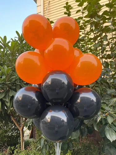 Vista 5 de 100 globos de látex de 12 pulgadas en negro y naranja, perfectos para Halloween, graduación, cumpleaños, baby shower, Acción de Gracias