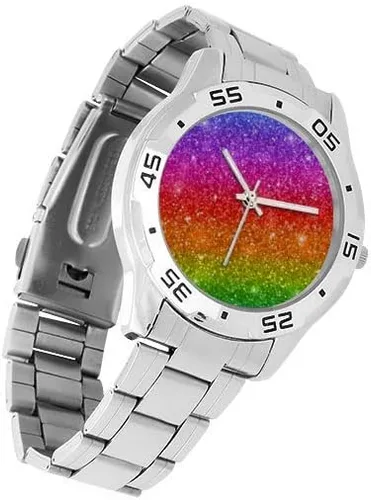 Vista 3 de Cute Tie Dye Rainbow Reloj casual de acero inoxidable para hombre, plata de lujo