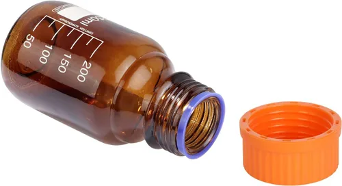 Vista 5 de 10 piezas de vidrio de borosilicato ámbar 8.5 fl oz graduado redondo laboratorio reactivo medios/botella de almacenamiento con tapa de rosca naranja
