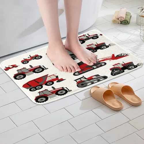 Vista 5 de Alfombra roja de tractor para baño, equipo pesado, antideslizante, absorbente de agua, para niños, cosechadora, tina, ducha, forro polar, alfombra