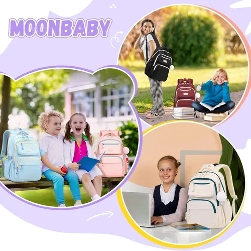 Vista 8 de MOONBABY Mochila para niñas para la escuela, bolsa de libros Kawaii para estudiantes de primaria, niños, adolescentes y adultos