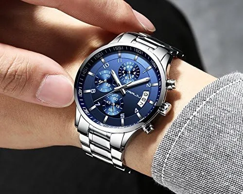 Vista 5 de CRRJU - Reloj de pulsera de acero inoxidable para hombre resistente al agua cronógrafo correa de acero inoxidable