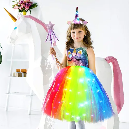 Vista 6 de Girls Unicorn Tutu Costumes Dress Light Up Unicorn LED Headband Princess Birthday Dress Up Clothes Girl Gift