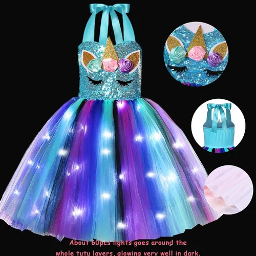 Vista 2 de KAKALVER Unicorn Dress for Girls Unicorn Costume LED Light Up for Dress up Halloween Birthday Party Decoration Unicorn Gifts