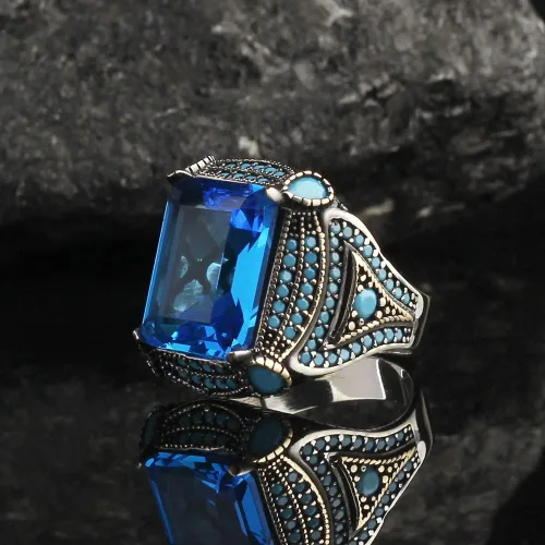 Vista 3 de 925 Sterling Silver Aquamarine Stone with Turquoise Stones Men Silver Ring, Handmade Blue Aquamarine Stone Men's Silver Ring, Vintage Men Ring