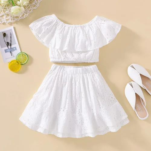 Vista 2 de BOIZONTY Conjunto de blusa corta con volantes y hombros descubiertos y falda de mezclilla con lazo y falda de verano para niñas