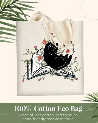 Vista 4 de AUSVKAI Bolsa de lona estética para mujer, lindas bolsas de algodón reutilizables de tela para compras, playa, comestibles, Libro de flores de gato