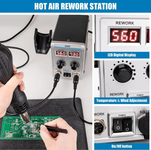 Vista 3 de 8586D Estación de soldadura 2 en 1, estación de retrabajo de aire caliente SMD, pantalla digital dual LED con pistola de calor y kit de soldadura