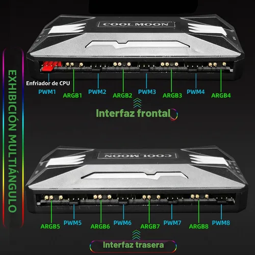 Vista 3 de Integrador de controlador ARGB de ventilador de PC, adaptador de cambio de luz ARGB de control remoto, 8 puertos de controlador de velocidad de Negro