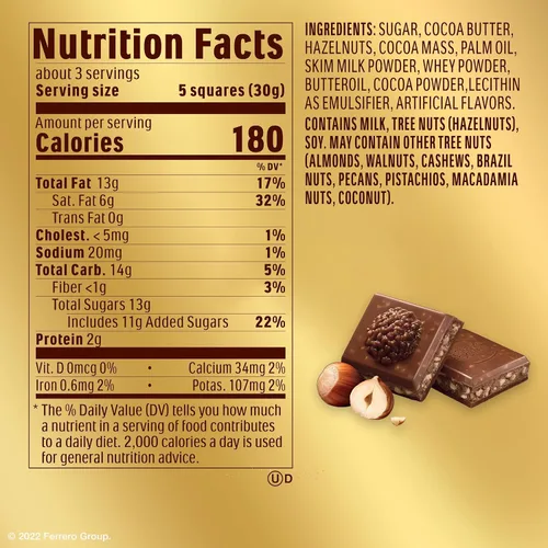 Vista 2 de Ferrero Rocher Chocolate premium, barra de chocolate con leche, relleno de avellana y cacao, ideal para compartir, 8 unidades, 3.1 onzas cada una