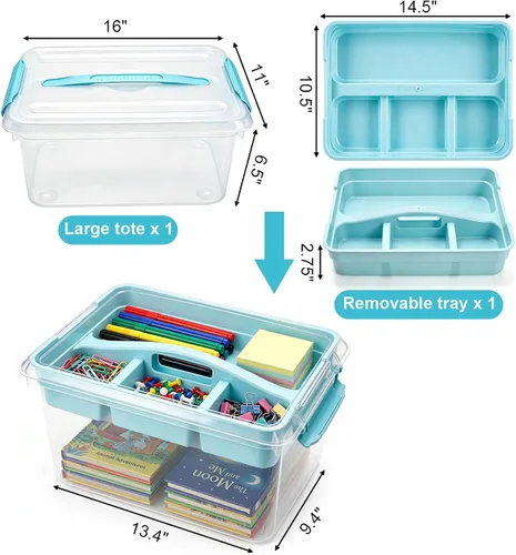 Vista 2 de Yesland Caja apilable y de transporte con bandeja extraíble, 16 x 11 x 6.5 pulgadas, organizador de plástico para suministros de arte, contenedores
