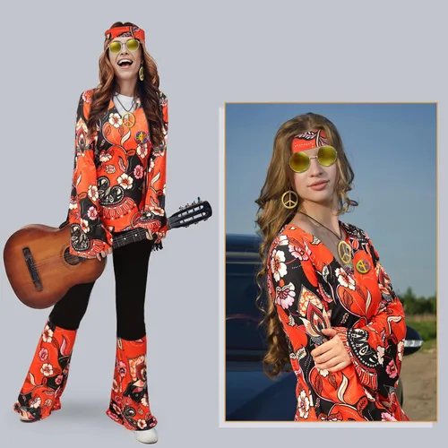Vista 6 de Jiuguva Conjunto de 17 piezas de disfraz hippie de los años 60 y 70 para mujer, vestido de discoteca, pantalones bohemios, acampanados, camisa