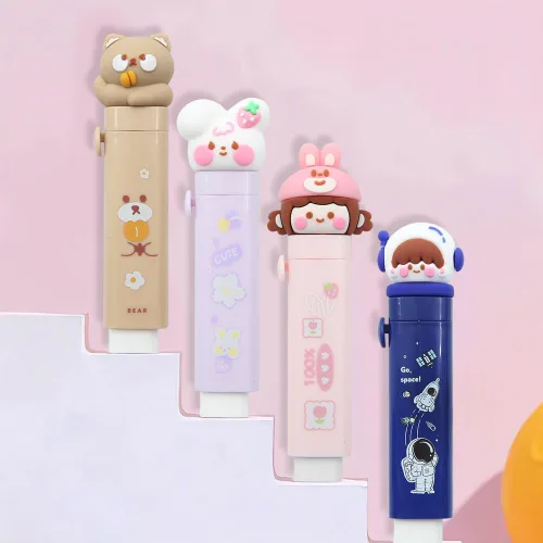 Vista 8 de Borrador de goma retráctil con diseño de pata de gato, 4 piezas con 4 repuestos, borrador deslizante para niños y estudiantes, suministros escolares