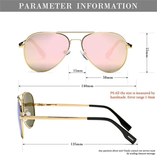 Vista 6 de HJSTES Lentes de sol polarizados estilo aviador para mujeres y hombres, lentes de espejo de metal clásicos, 100% bloqueo UV, 2.283 in