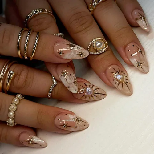 Vista 14 de Uñas postizas largas a presión con forma de almendra, color azul Seeneey