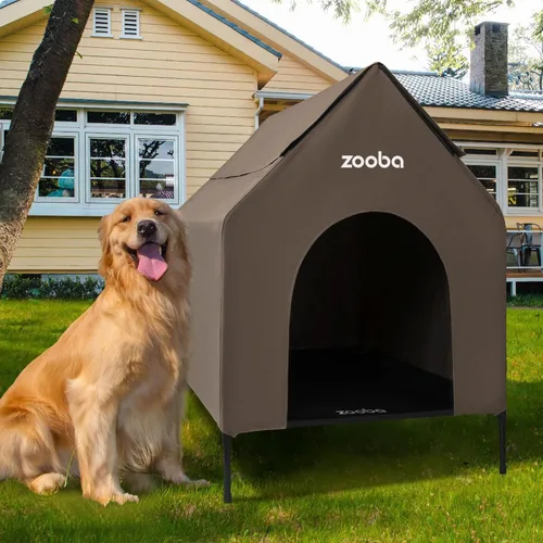 Vista 11 de Zooba Casa para perros 2 en 1 de 29 pulgadas para perros medianos, casa elevada para perros al aire libre e interior, refugio elevado para mascotas