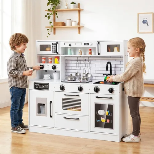 Vista 9 de INFANS Juego de cocina para niños, cocina de madera con sonido ligero realista, juguete de cocina para niños y niñas mayores de 3 años (blanco)
