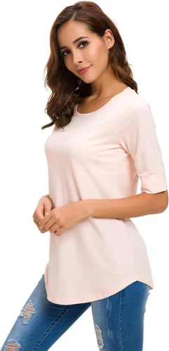Vista 2 de Camisetas de algodón para mujer, estilo casual, cuello redondo, longitud al codo