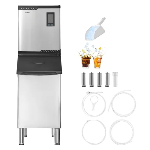 Vista 9 de VEVOR - Máquina comercial para hacer hielo, 136 kg/24 horas, con recipiente de almacenamiento de acero inoxidable de 136 kg, máquina para hacer